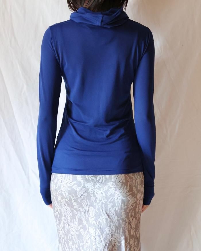 FUMIKA UCHIDA: NYLON RIBBED NECK HOODED TOP - NAVY - ORANN FUMIKA UCHIDA: NYLON RIBBED NECK HOODED TOP - NAVY - ORANN