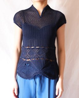 Mame KurogouchiCotton Lace Sleeveless Knitted Top - NAVY