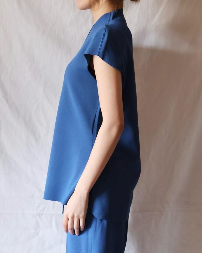 Mame Kurogouchi：Milano Ribbed Cap-Sleeve V-Neck Top - BLUE