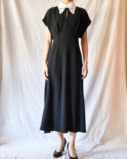 Mame KurogouchiBack Satin Crepe Georgette Embroidered Collar Flared Dress - BLACK