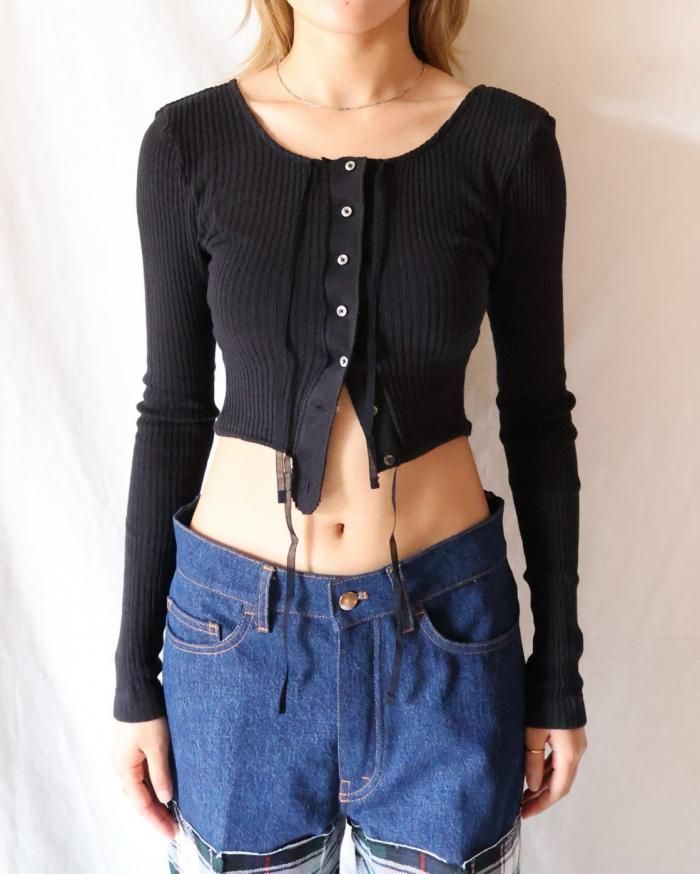 FUMIKA UCHIDA: VINTAGE RIBBED CORSET LONGSLEEVE TOP - BLACK FUMIKA UCHIDA: VINTAGE RIBBED CORSET LONGSLEEVE TOP - BLACK