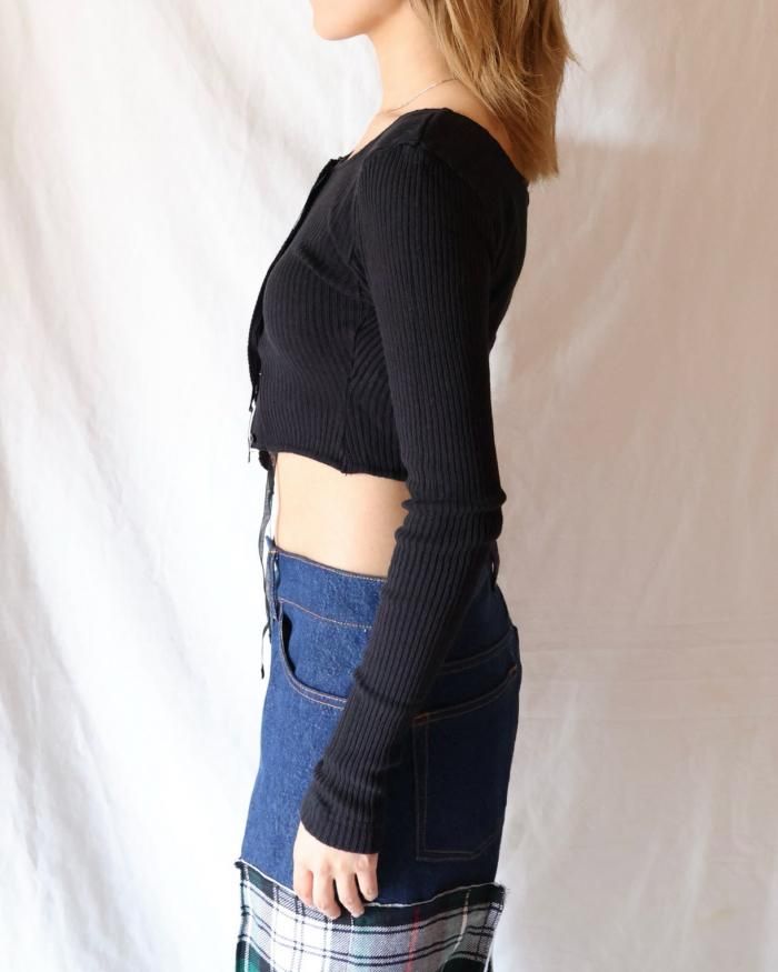 FUMIKA UCHIDA: VINTAGE RIBBED CORSET LONGSLEEVE TOP - BLACK FUMIKA UCHIDA: VINTAGE RIBBED CORSET LONGSLEEVE TOP - BLACK