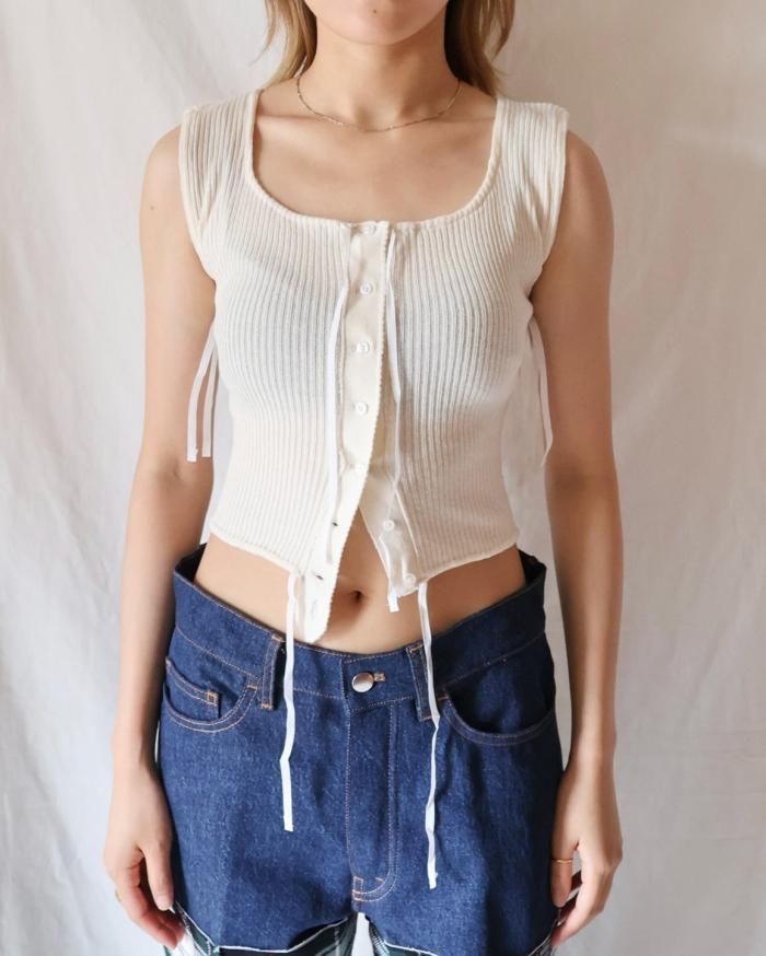 FUMIKA UCHIDA: VINTAGE RIBBED CORSET SLEEVELESS TOP - OFF FUMIKA UCHIDA: VINTAGE RIBBED CORSET SLEEVELESS TOP - OFF