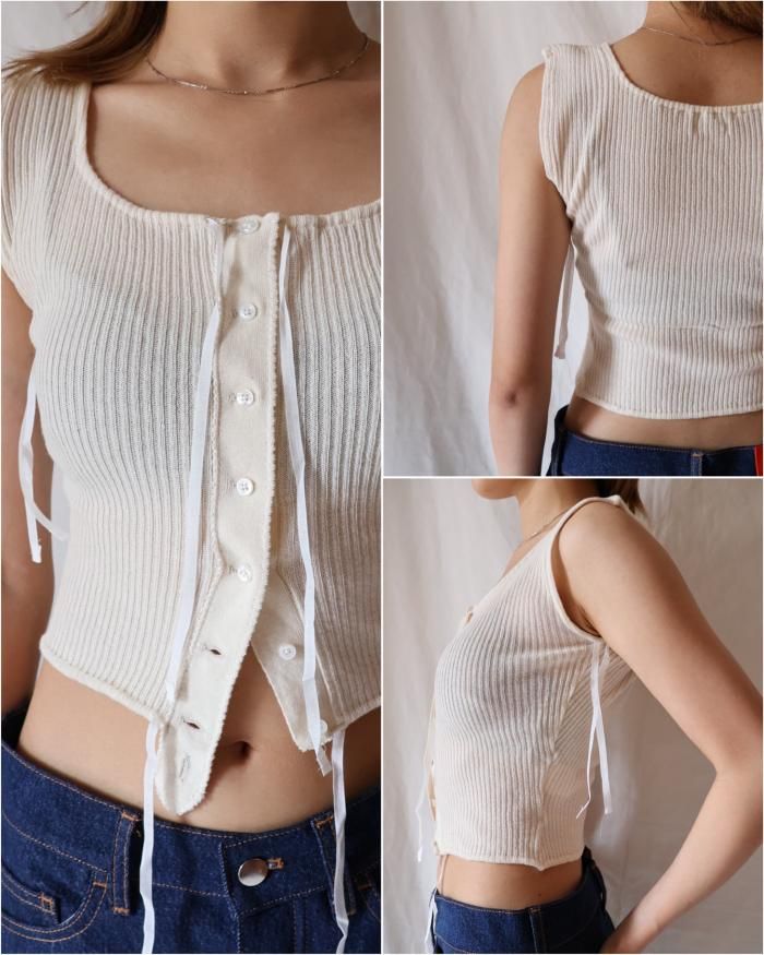 FUMIKA UCHIDA: VINTAGE RIBBED CORSET SLEEVELESS TOP - OFF FUMIKA UCHIDA: VINTAGE RIBBED CORSET SLEEVELESS TOP - OFF