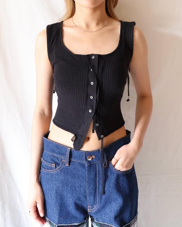 FUMIKA UCHIDA: VINTAGE RIBBED CORSET SLEEVELESS TOP - BLAC FUMIKA UCHIDA: VINTAGE RIBBED CORSET SLEEVELESS TOP - BLAC