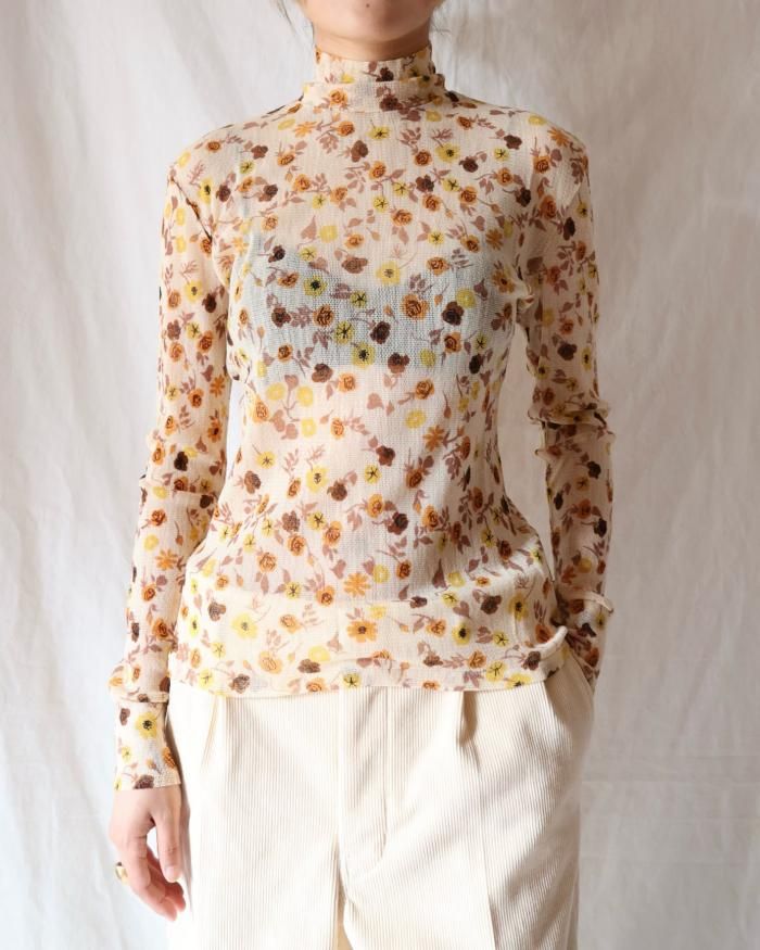 FUMIKA UCHIDA: FLOWER PRINTED TULLE HIGH-NECK TOP - ECRU FUMIKA UCHIDA: FLOWER PRINTED TULLE HIGH-NECK TOP - ECRU
