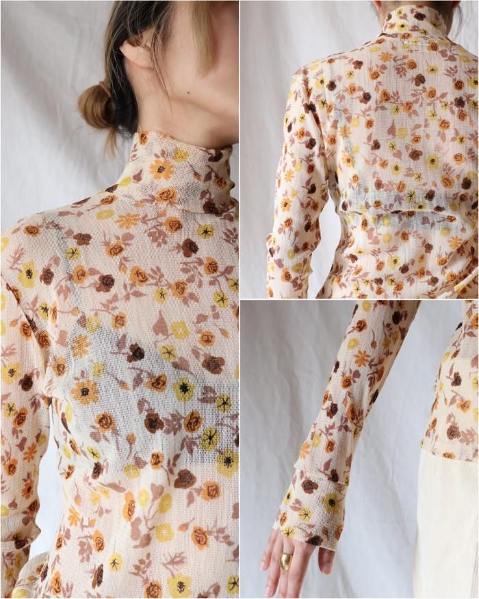 FUMIKA UCHIDA: FLOWER PRINTED TULLE HIGH-NECK TOP - ECRU FUMIKA UCHIDA: FLOWER PRINTED TULLE HIGH-NECK TOP - ECRU