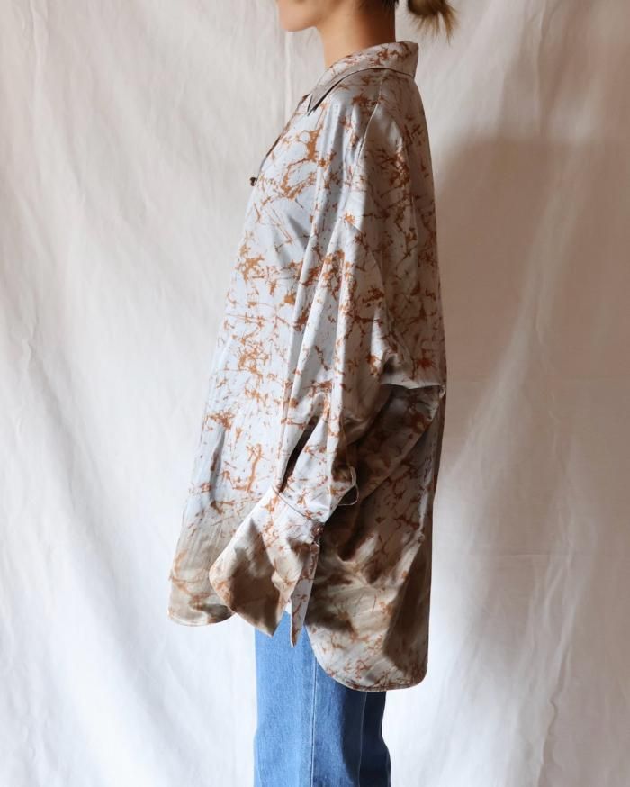 Silk Wool Satin Hand Painted Oversized Shirt - brown - Mame