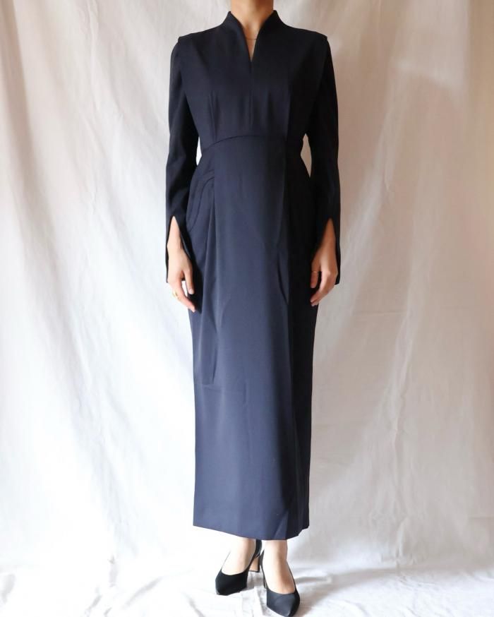 Mame Kurogouchi:Light Wool Max Gabadine V-Neck Dress - NAVY Mame Kurogouchi:Light Wool Max Gabadine V-Neck Dress - NAVY