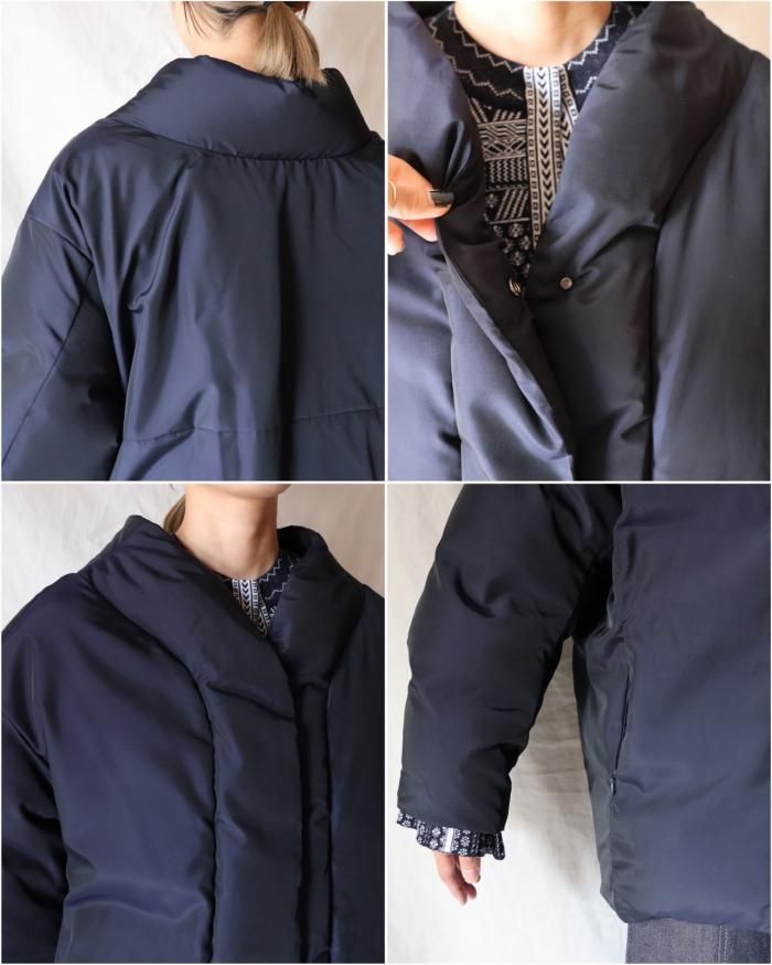 Mame Kurogouchi：Silk Nylon Rounded Down Jacket - NAVY