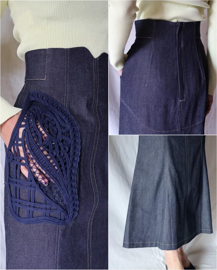Mame Kurogouchi：Cord Embroidery Detail Denim Skirt - NAVY