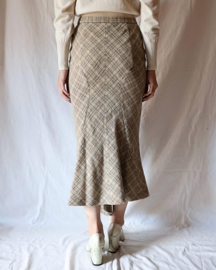 FUMIKA UCHIDA： PLAID TWEED HOBBLE SKIRT - PLAID BEIGE