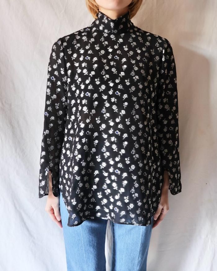 Mame Kurogouchi:Floral Jacquard Hight Neck Blouse - NAVY Mame Kurogouchi:Floral Jacquard Hight Neck Blouse - NAVY