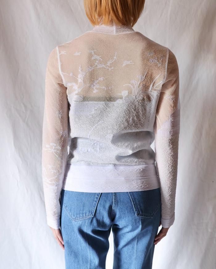 Mame Kurogouchi：Nature Pattern Sheer Knitted High Neck Top