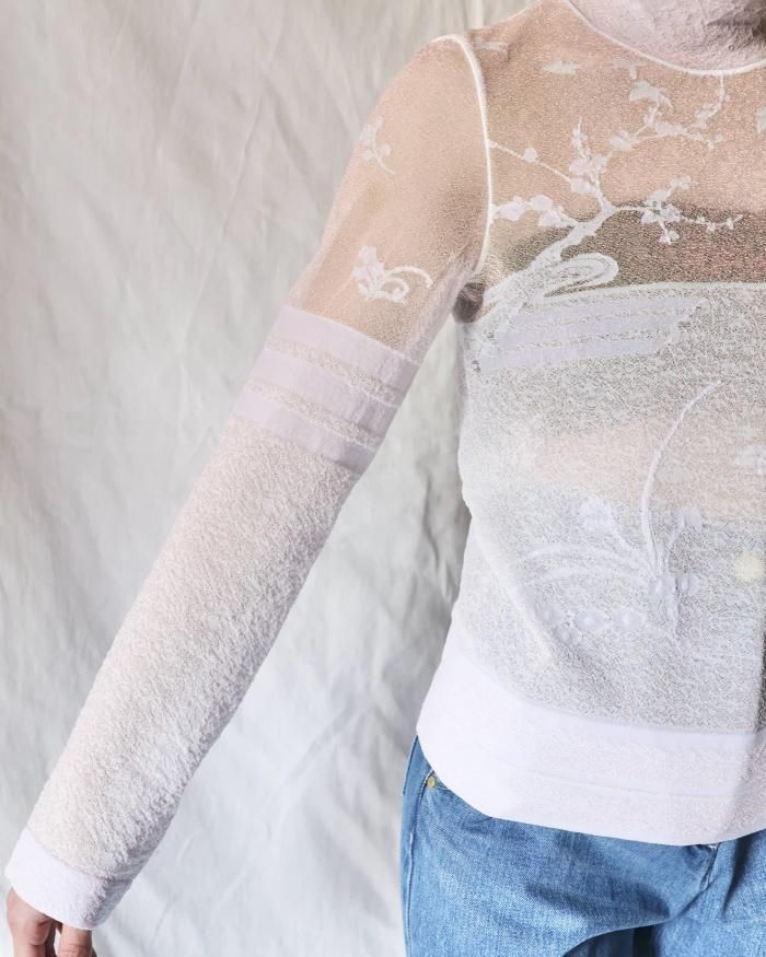 Mame Kurogouchi：Nature Pattern Sheer Knitted High Neck Top