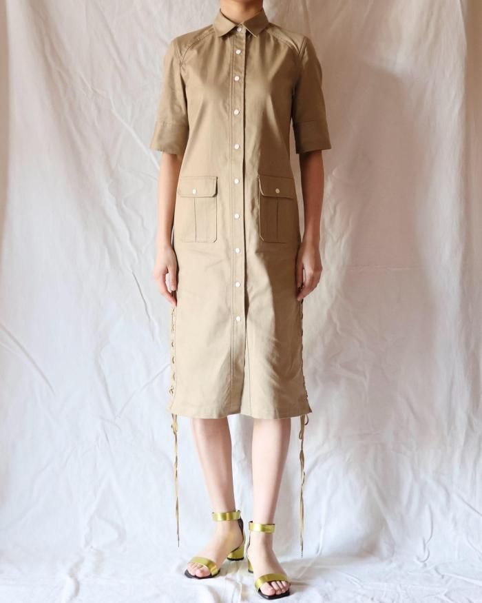 FUMIKA UCHIDA： TWILL BUTTON-UP SHIRT DRESS - KHAKI BEIGE