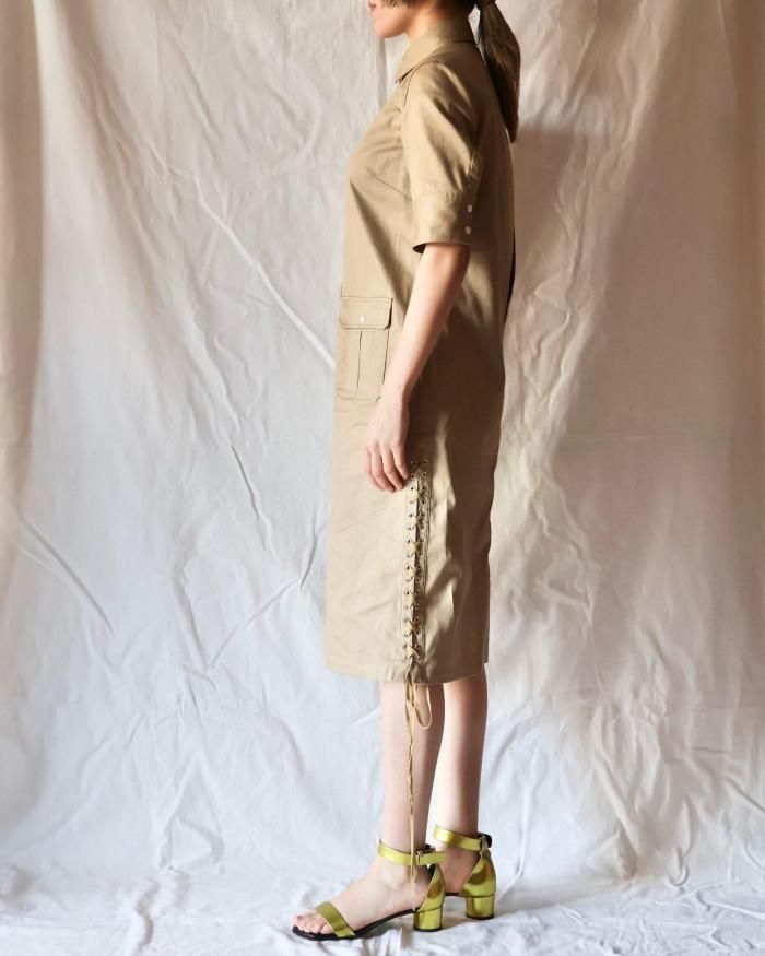 FUMIKA UCHIDA: TWILL BUTTON-UP SHIRT DRESS - KHAKI BEIGE FUMIKA UCHIDA: TWILL BUTTON-UP SHIRT DRESS - KHAKI BEIGE