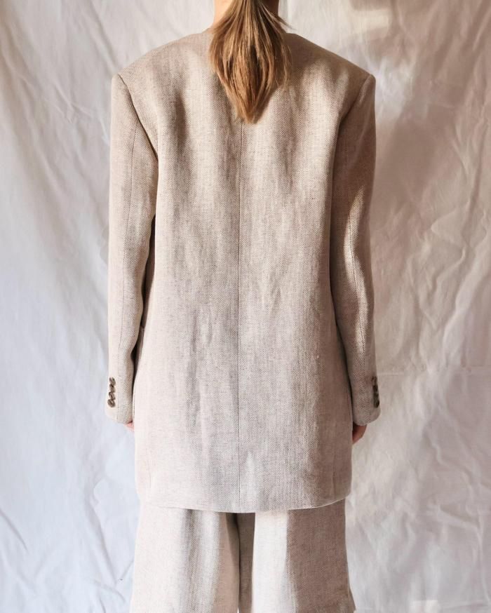 FUMIKA UCHIDA： HEMP SUITING COLLARLESS JACKET - BEIGE/HERRINGBONE