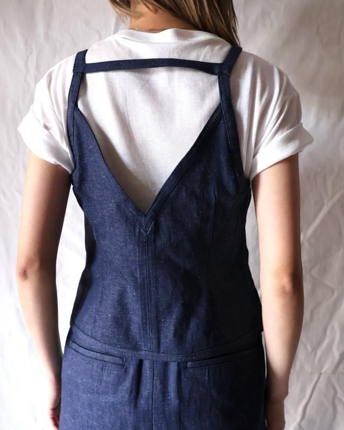 FUMIKA UCHIDA： NEPPED DENIM SQUARE-NECK TOP - INDIGO