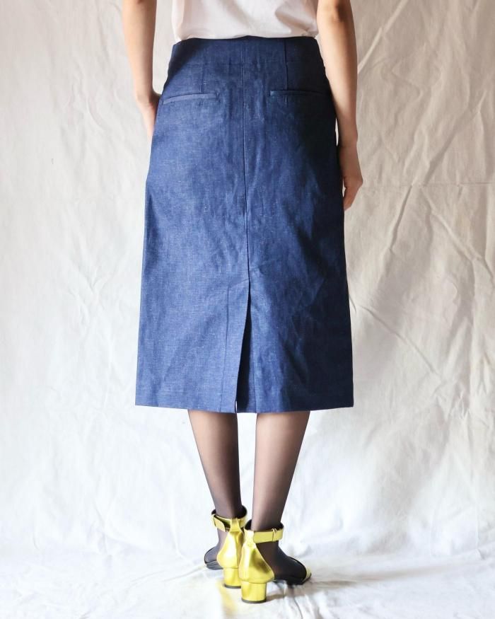 FUMIKA UCHIDA： NEPPED DENIM BELTED SKIRT - INDIGO - ORANN ONLINE SHOP