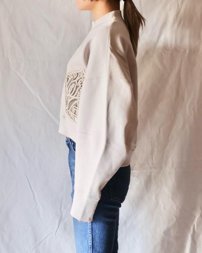 Mame Kurogouchi：Cording Embroidery Cropped Sweatshirt - ECRU