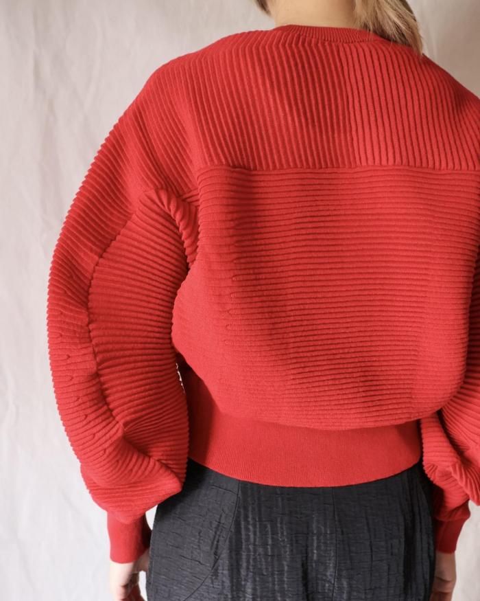Mame Kurogouchi：Curved Sleeve Knitted Cardigan - RED