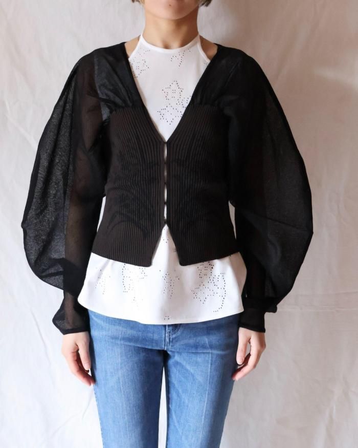 Mame Kurogouchi:Sheer Rounded Sleeve Knitted Cardigan Mame Kurogouchi:Sheer Rounded Sleeve Knitted Cardigan