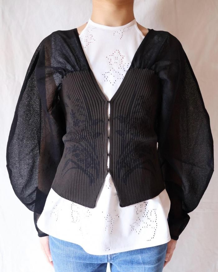 Mame Kurogouchi:Sheer Rounded Sleeve Knitted Cardigan Mame Kurogouchi:Sheer Rounded Sleeve Knitted Cardigan