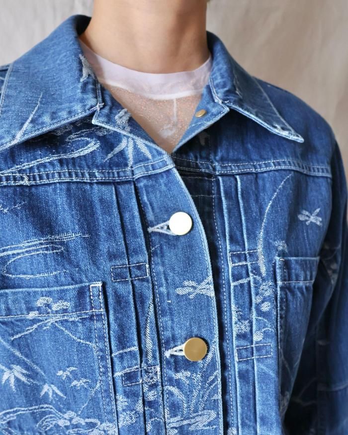 Mame Kurogouchi：Nature Pattern Jacquard Short Denim Jacket - BLUE