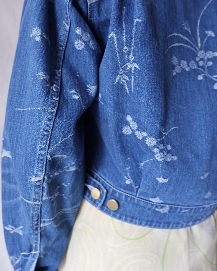 Mame Kurogouchi：Nature Pattern Jacquard Short Denim Jacket - BLUE