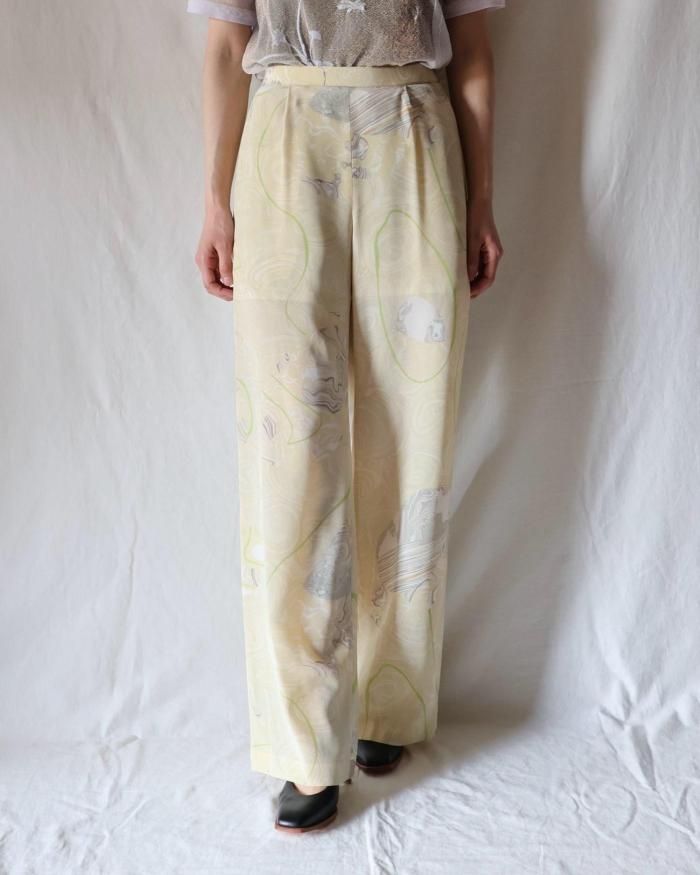 Mame Kurogouchi:Marble Print Silk Trousers - BEIGE - ORANN Mame Kurogouchi:Marble Print Silk Trousers - BEIGE - ORANN