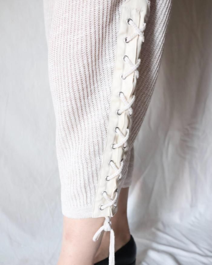 FUMIKA UCHIDA： KNITTED LINEN SIDE LACE-UP PANTS - OYSTER