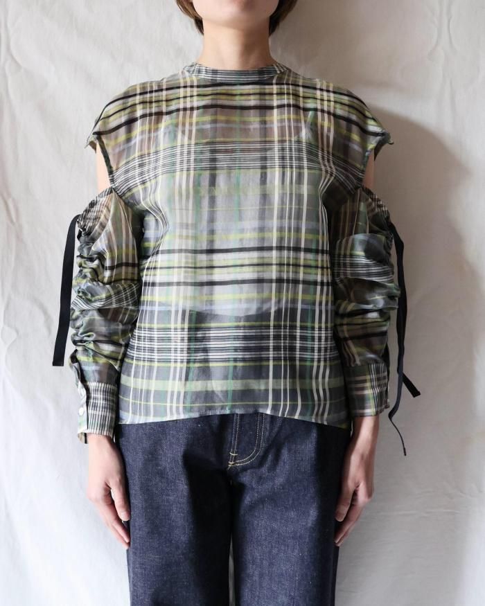 pelleq ：PLAID SILK ORGANZA STRING SHIRT- PALE - ORANN