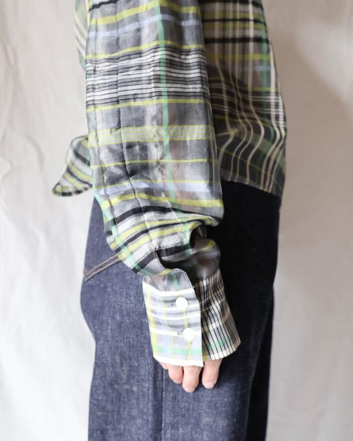pelleq ：PLAID SILK ORGANZA STRING SHIRT- PALE - ORANN