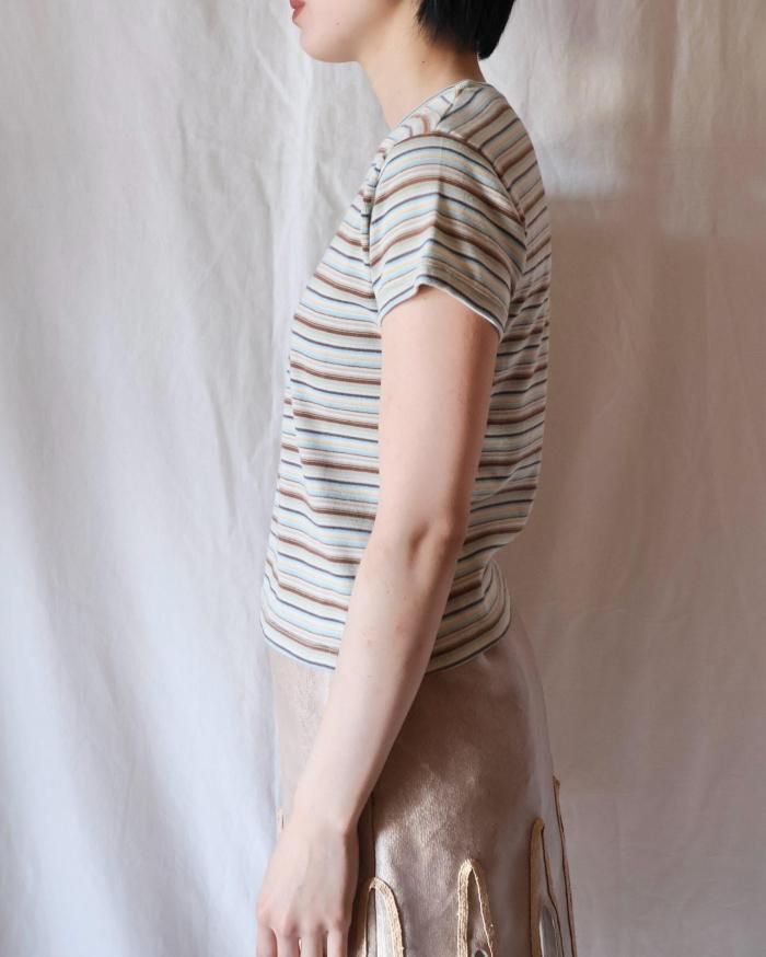 FUMIKA UCHIDA / MULTICOLOR STRIPE T-SHIRT / WHITE/BEIGE