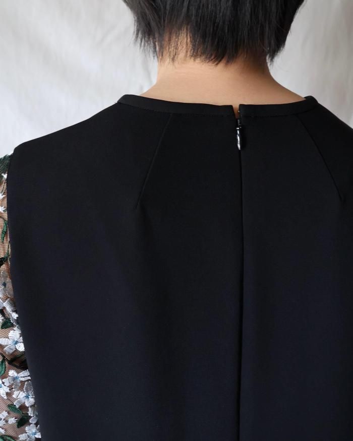Mame Kurogouchi：Floral Lace-Sleeve Classic Dress - BLACK