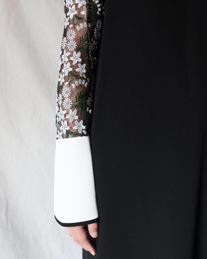 Mame Kurogouchi：Floral Lace-Sleeve Classic Dress - BLACK