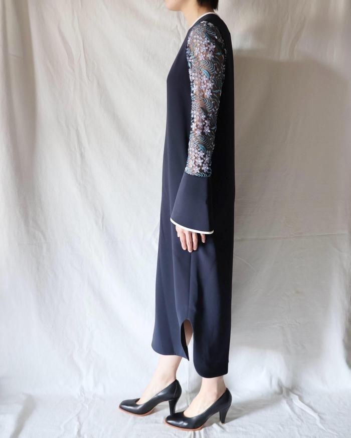 Mame Kurogouchi：Floral Lace-Sleeve Classic Dress - NAVY