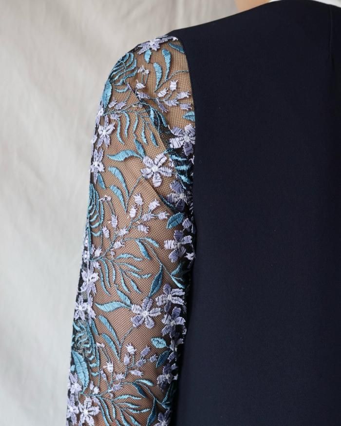 Mame Kurogouchi：Floral Lace-Sleeve Classic Dress - NAVY - ORANN