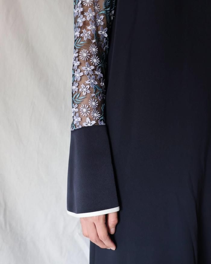 Mame Kurogouchi：Floral Lace-Sleeve Classic Dress - NAVY - ORANN