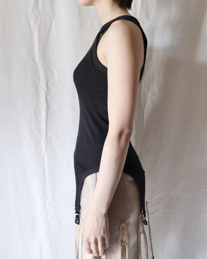 FUMIKA UCHIDA： NEEDLE DRAWING GARTER TANKTOP - BLACK