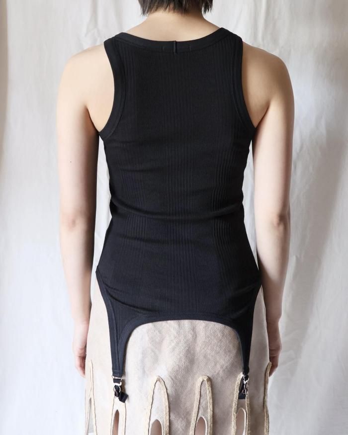 FUMIKA UCHIDA： NEEDLE DRAWING GARTER TANKTOP - BLACK