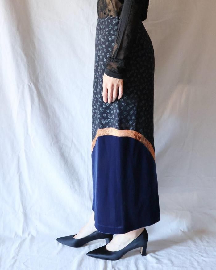 Mame Kurogouchi：Cupro Triacetate Floral Jacquard Skirt - NAVY