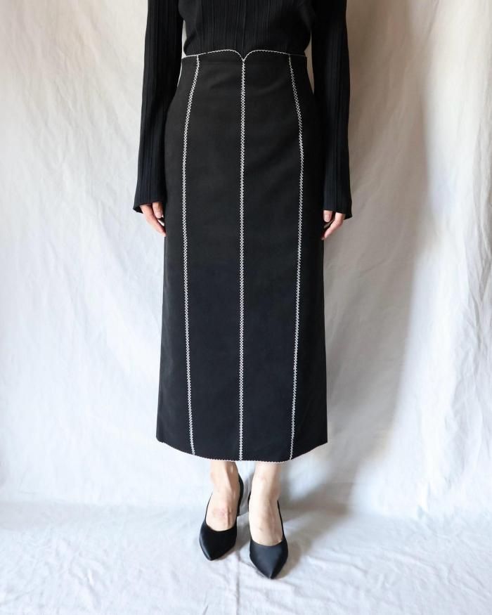 Mame Kurogouchi：Synthetic Leather Fancy Ftitch High Waisted Skirt