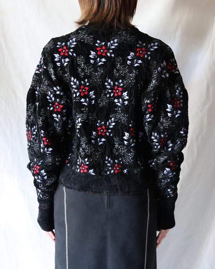 Mame Kurogouchi：Floral Motif Chenille Knitted Cardigan - BLACK