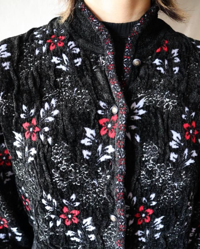 Mame Kurogouchi：Floral Motif Chenille Knitted Cardigan - BLACK