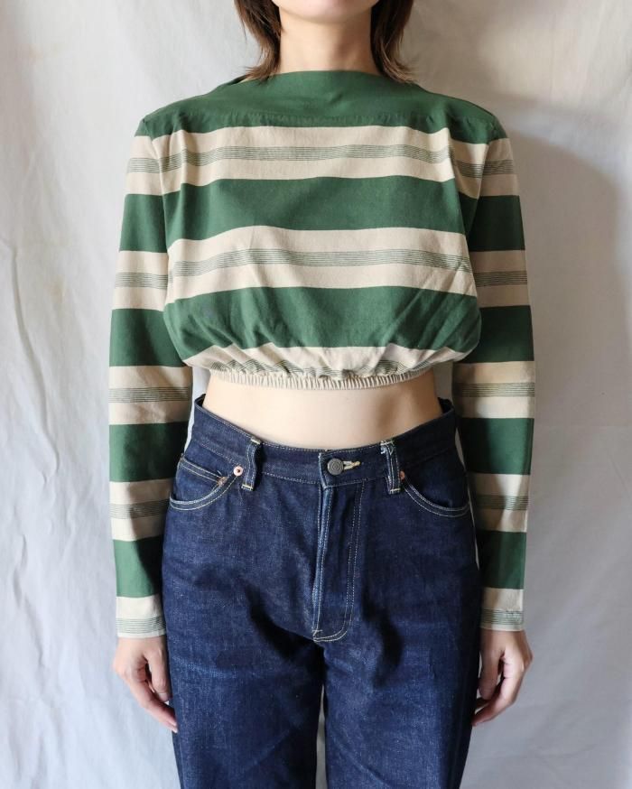FUMIKA UCHIDA： COTTON JERSEY CROPPED TOP - BEIGE/GREEN