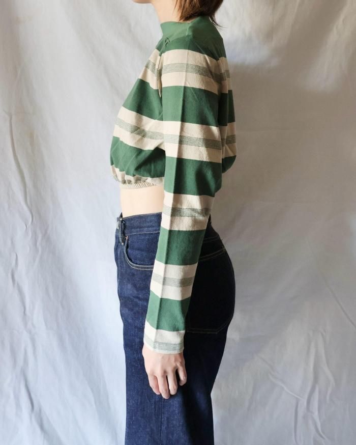 FUMIKA UCHIDA： COTTON JERSEY CROPPED TOP - BEIGE/GREEN