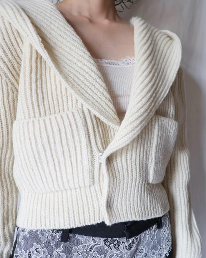 FUMIKA UCHIDA： SHETLAND RIB STITCH HOODED CARDIGAN - IVORY