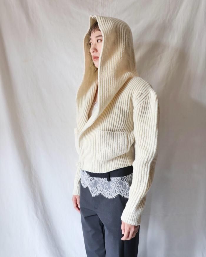 FUMIKA UCHIDA： SHETLAND RIB STITCH HOODED CARDIGAN - IVORY
